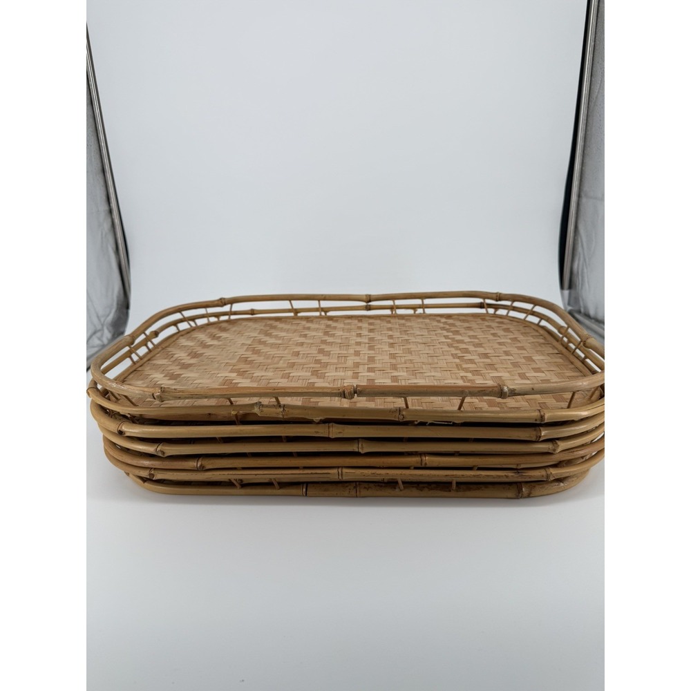 Set of 6 Vintage Bamboo Wicker Rattan Serving Trays Mid Century Japanese Wares - Picture 5 of 16